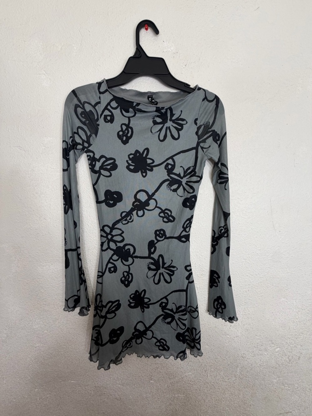 Motel Rocks Sevila Mini Dress - Mesh Doodle Flower Grey - XS
